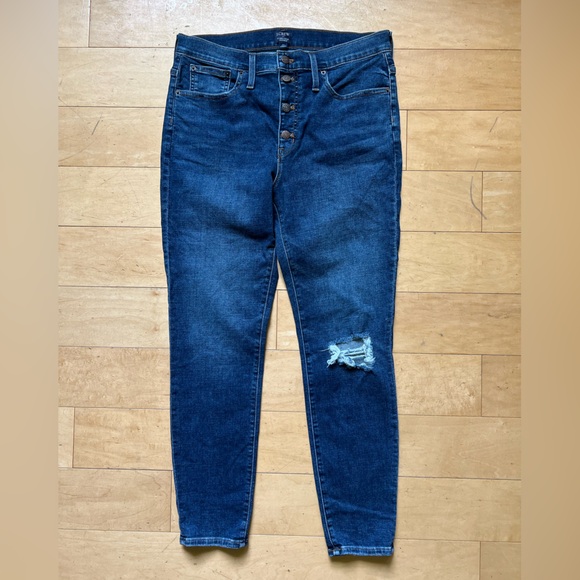 J. Crew 9" Mid Rise Skinny Jeans, sz 31, distressed, button fly, stretch, casual - Picture 1 of 13